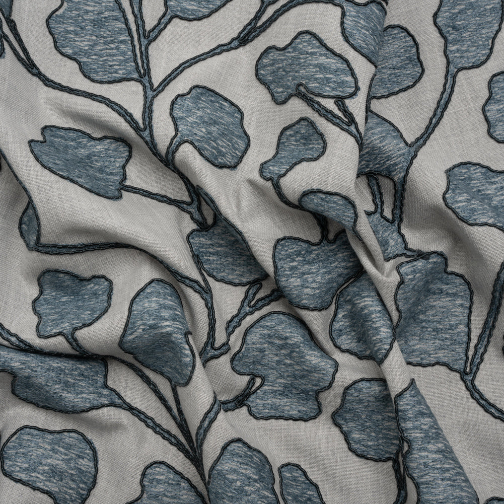 Denim Branches Corded and Embroidered Drapery Woven