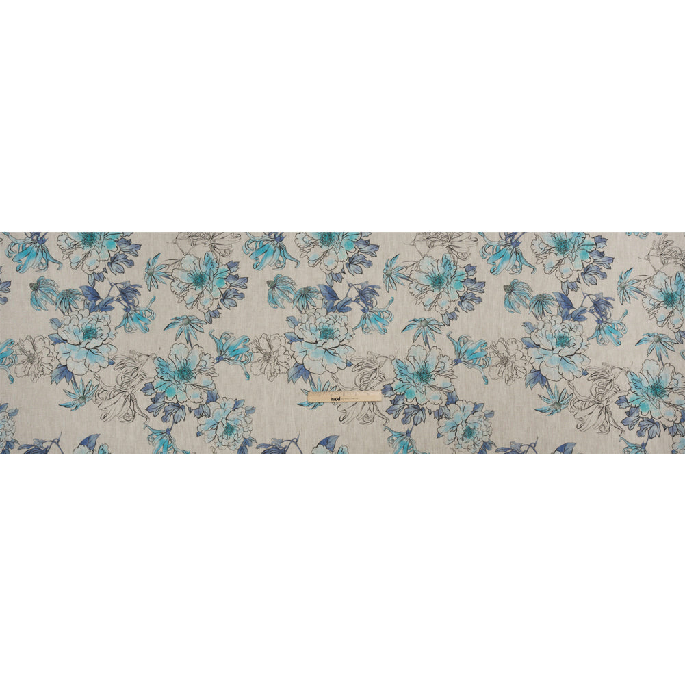 Oatmeal and Blue Fading Bouquet Medium Weight Linen Woven