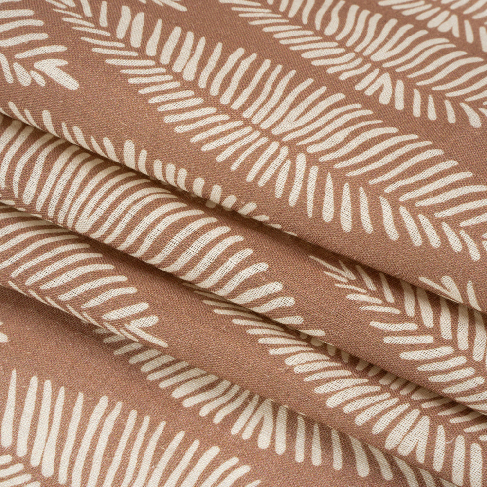 Brown and Cream Feather Leaves Medium Weight Linen Woven