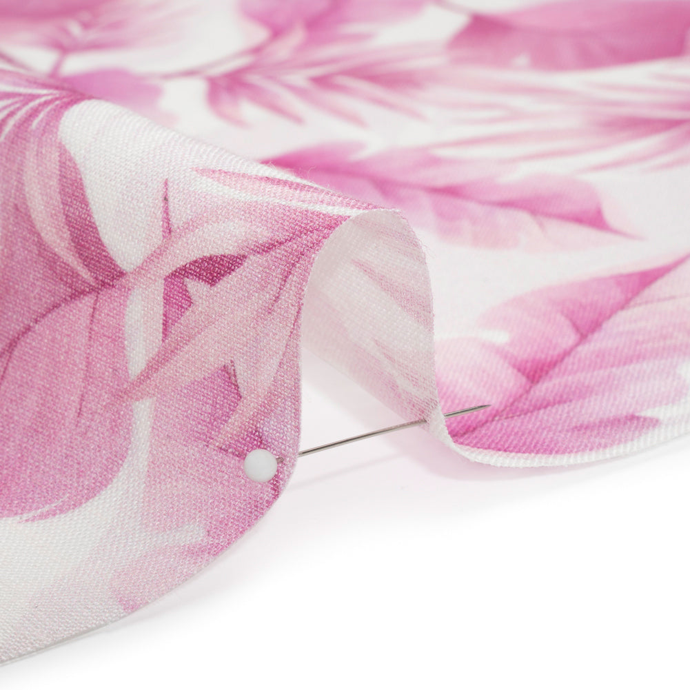 Pink and White Leaves Medium Weight Linen Woven