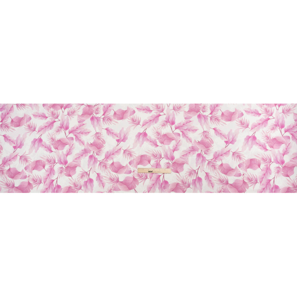 Pink and White Leaves Medium Weight Linen Woven