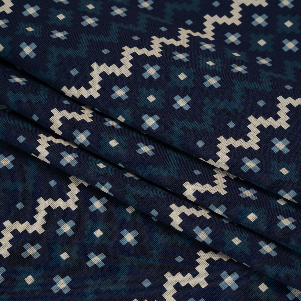 Stretch Modal and Cotton Jersey - Navy, Beige and Dark Teal Geometric Stripes - Deadstock
