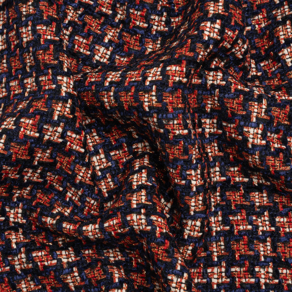 Navy, Red and Metallic Gold Houndstooth Chenille Fringe Tweedy Acrylic Woven