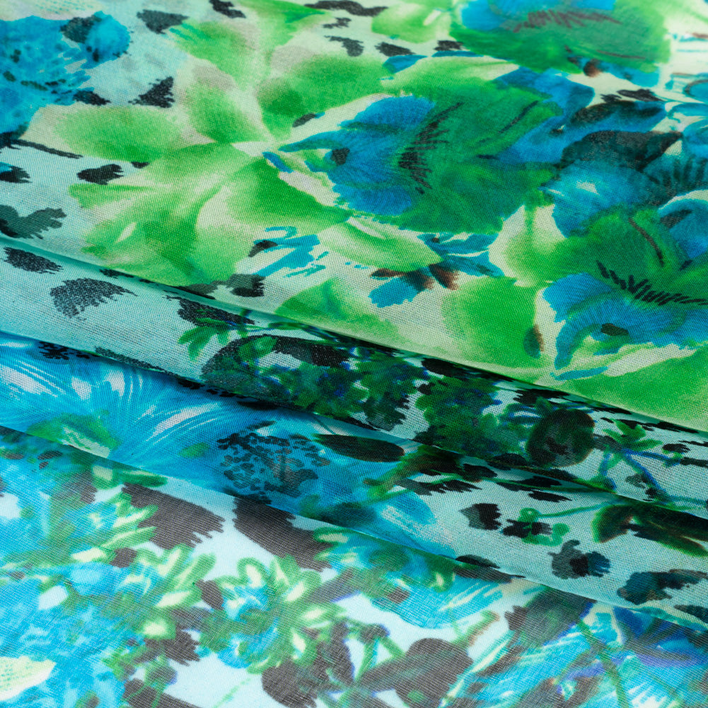 Blue and Green Jungle Fun Silk Voile