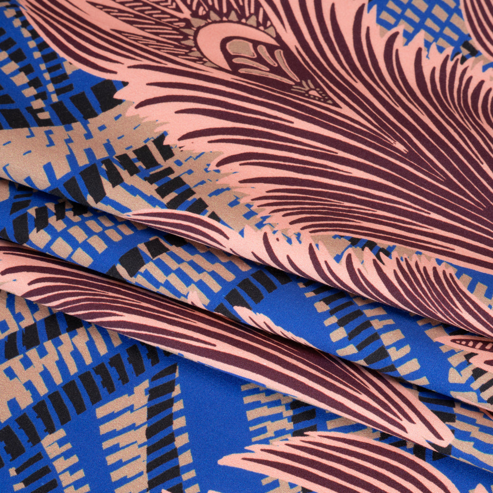 Stretch Cotton Sateen - Cobalt Blue and Burgundy Feathers