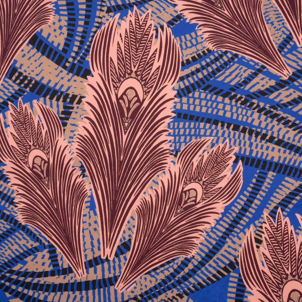 Stretch Cotton Sateen - Cobalt Blue and Burgundy Feathers