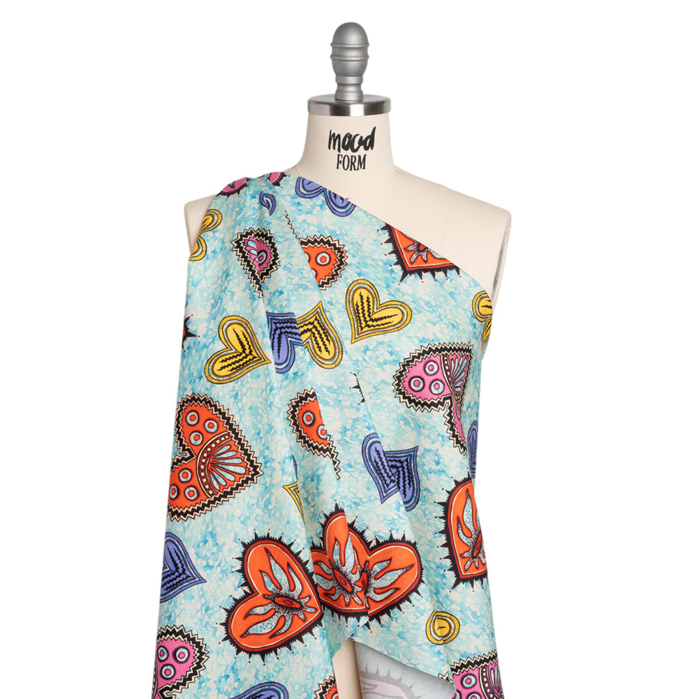 Stretch Cotton Twill - Blue, Orange and Pink Stranger Hearts