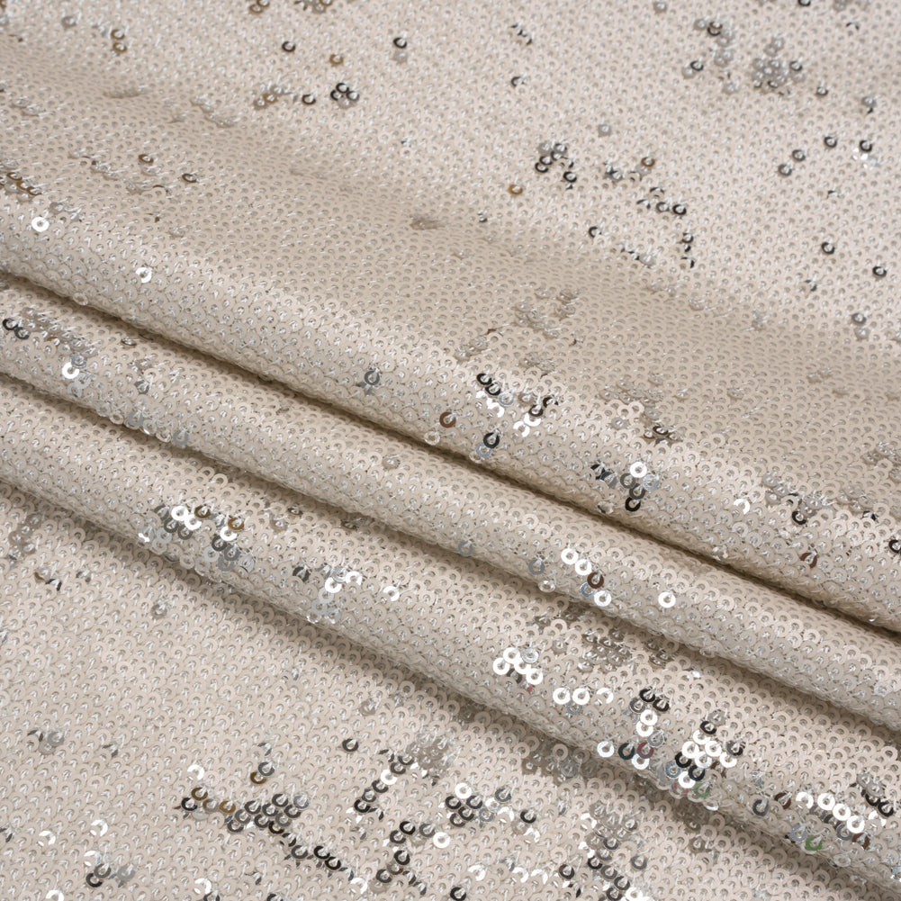 Two-Tone Flippable Baby Sequins on Mesh - Pale Beige and Silver - Deadstock