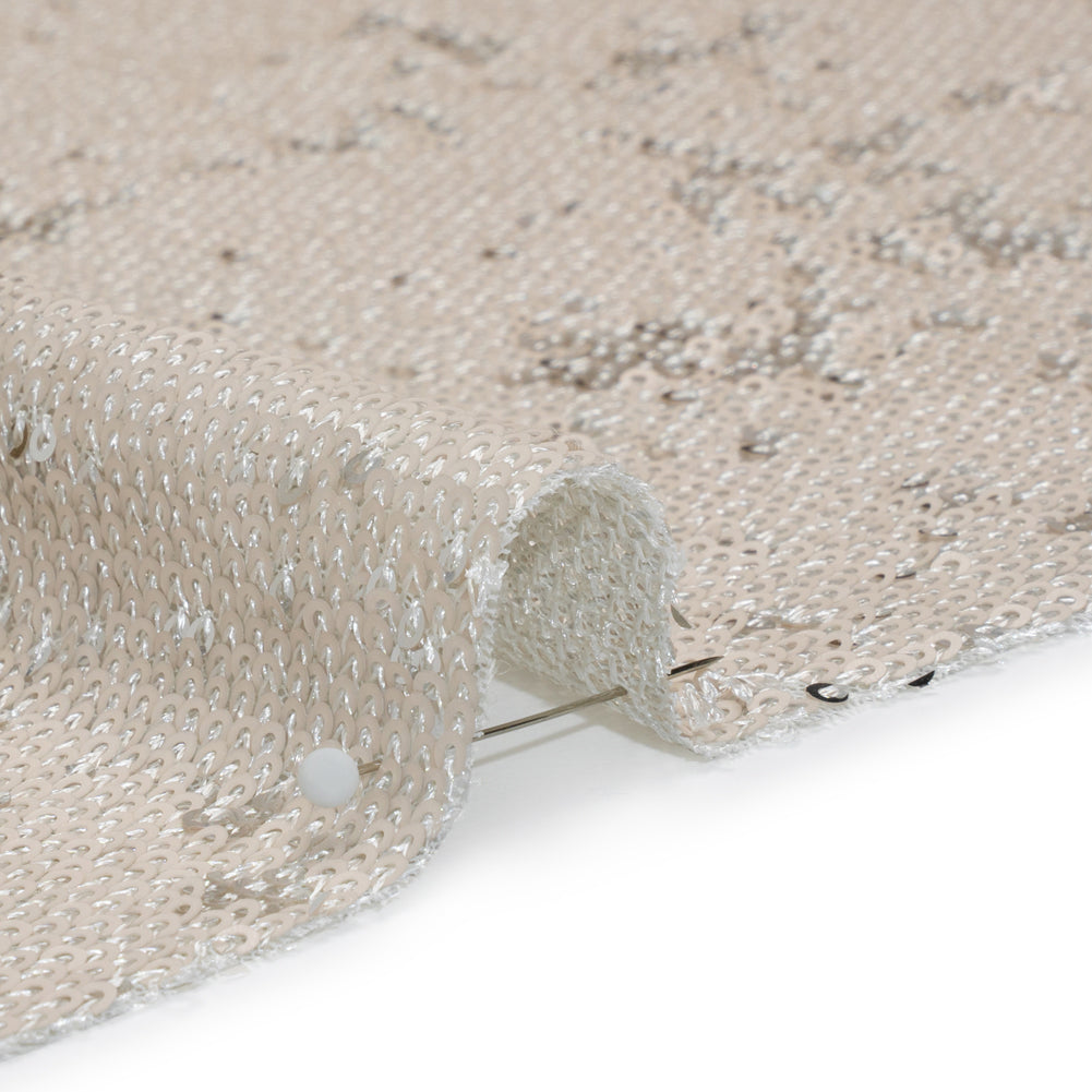 Two-Tone Flippable Baby Sequins on Mesh - Pale Beige and Silver - Deadstock
