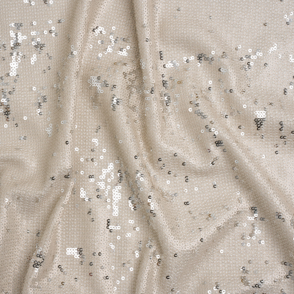 Two-Tone Flippable Baby Sequins on Mesh - Pale Beige and Silver - Deadstock