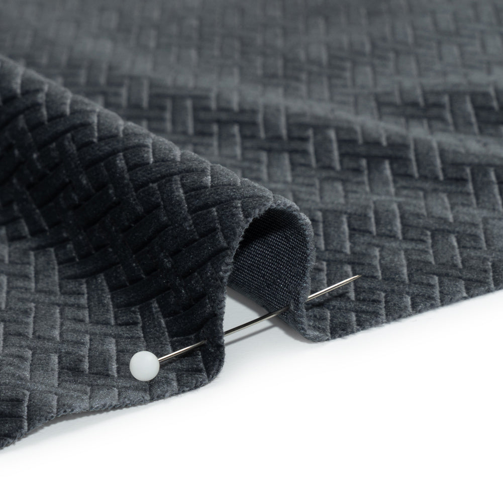 Embossed Polyester Velvet - Gray Woven Lattice - Deadstock