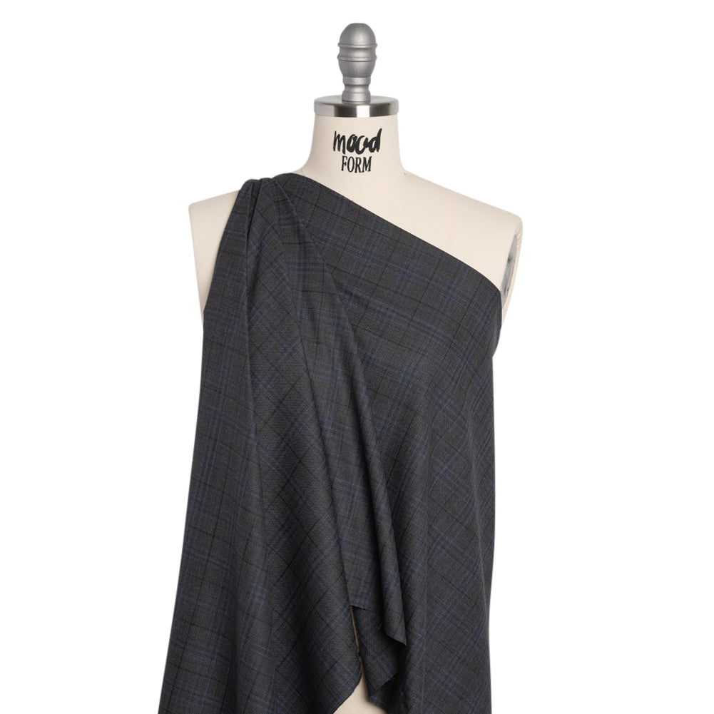 Wool and Silk Suiting - Gray and Blue Plaid - Deadstock