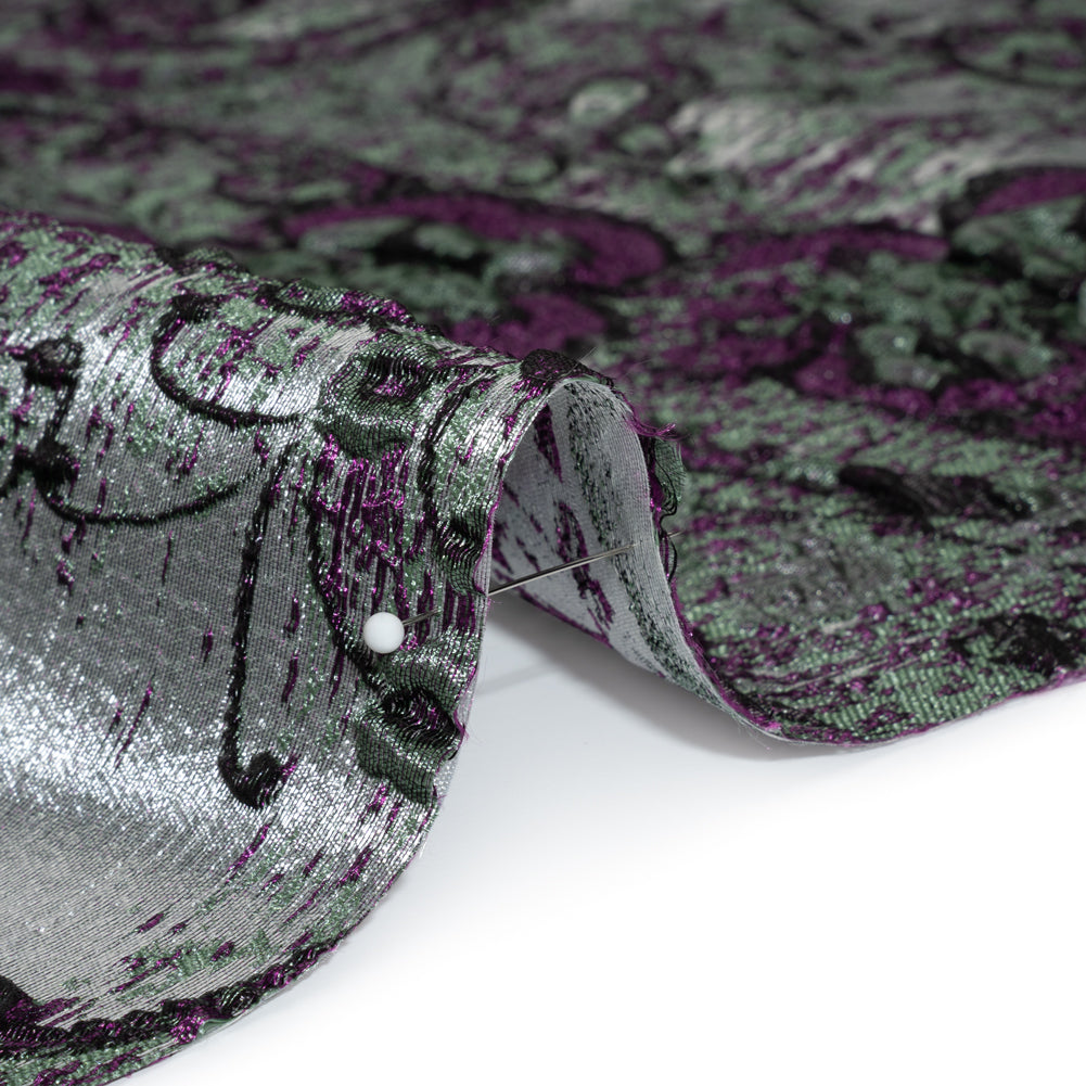 Flowers and Curls Luxury Brocade - Metallic Plum Purple, Sage Green and Gray