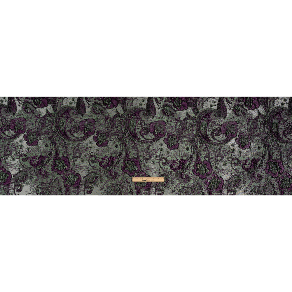 Flowers and Curls Luxury Brocade - Metallic Plum Purple, Sage Green and Gray