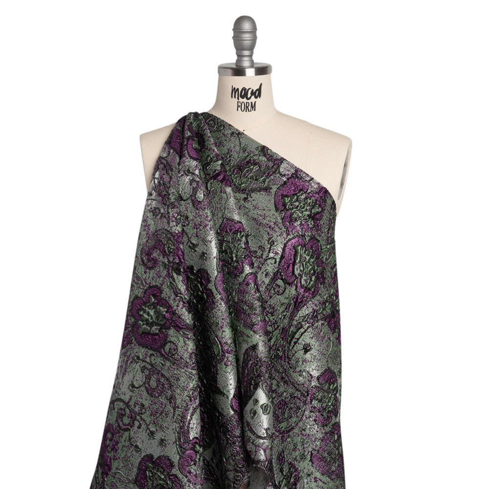Flowers and Curls Luxury Brocade - Metallic Plum Purple, Sage Green and Gray