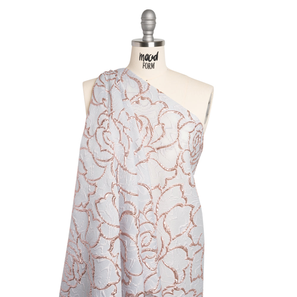 Rose Outlines Cutwork Luxury Brocade - Metallic Rose Gold and Pale Blue Gray