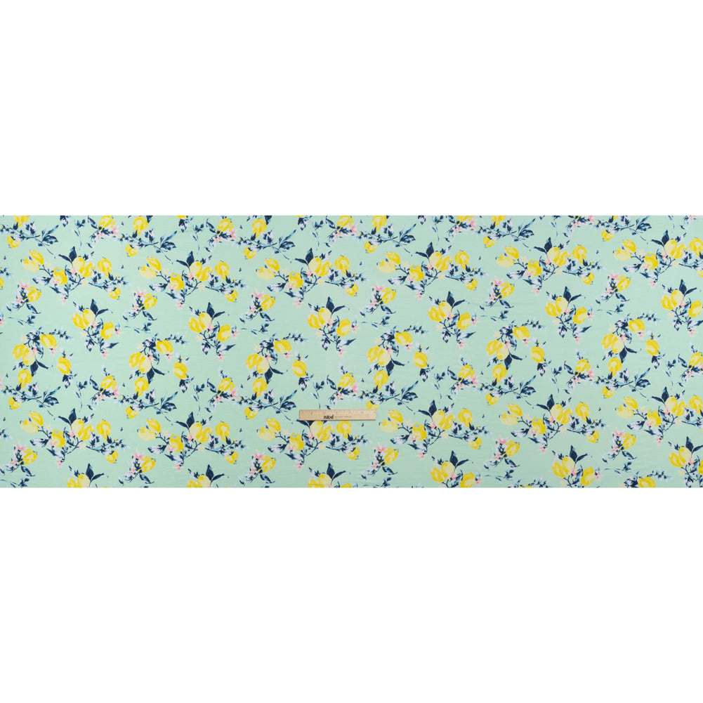 Stretch Rayon Jersey - Mint, Teal and Yellow Lemons on Trees - Deadstock