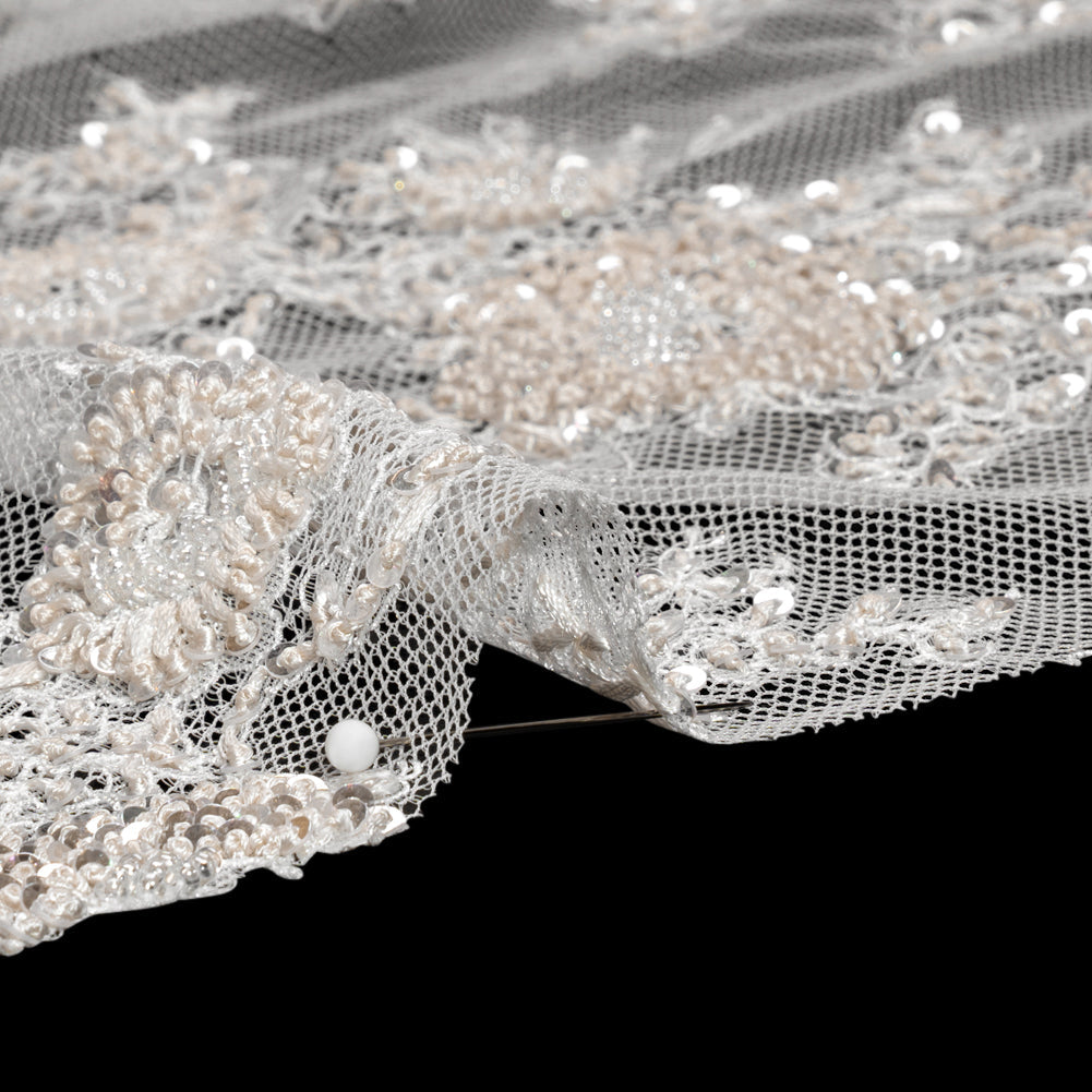 Embroidered Lace with Beading, Sequins, and Finished Edges - Off White Floral