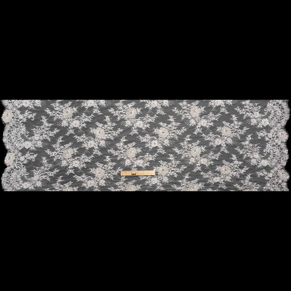 Embroidered Lace with Beading, Sequins, and Finished Edges - Off White Floral