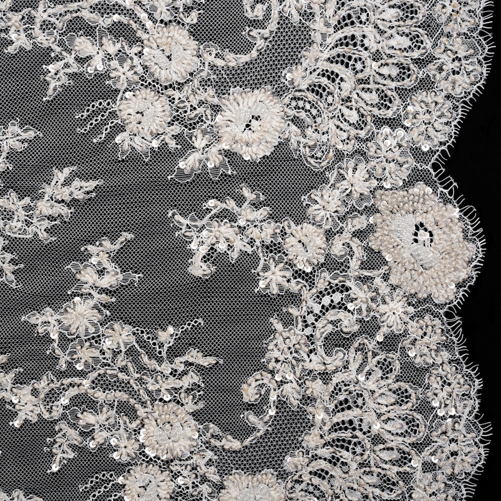 Embroidered Lace with Beading, Sequins, and Finished Edges - Off White Floral