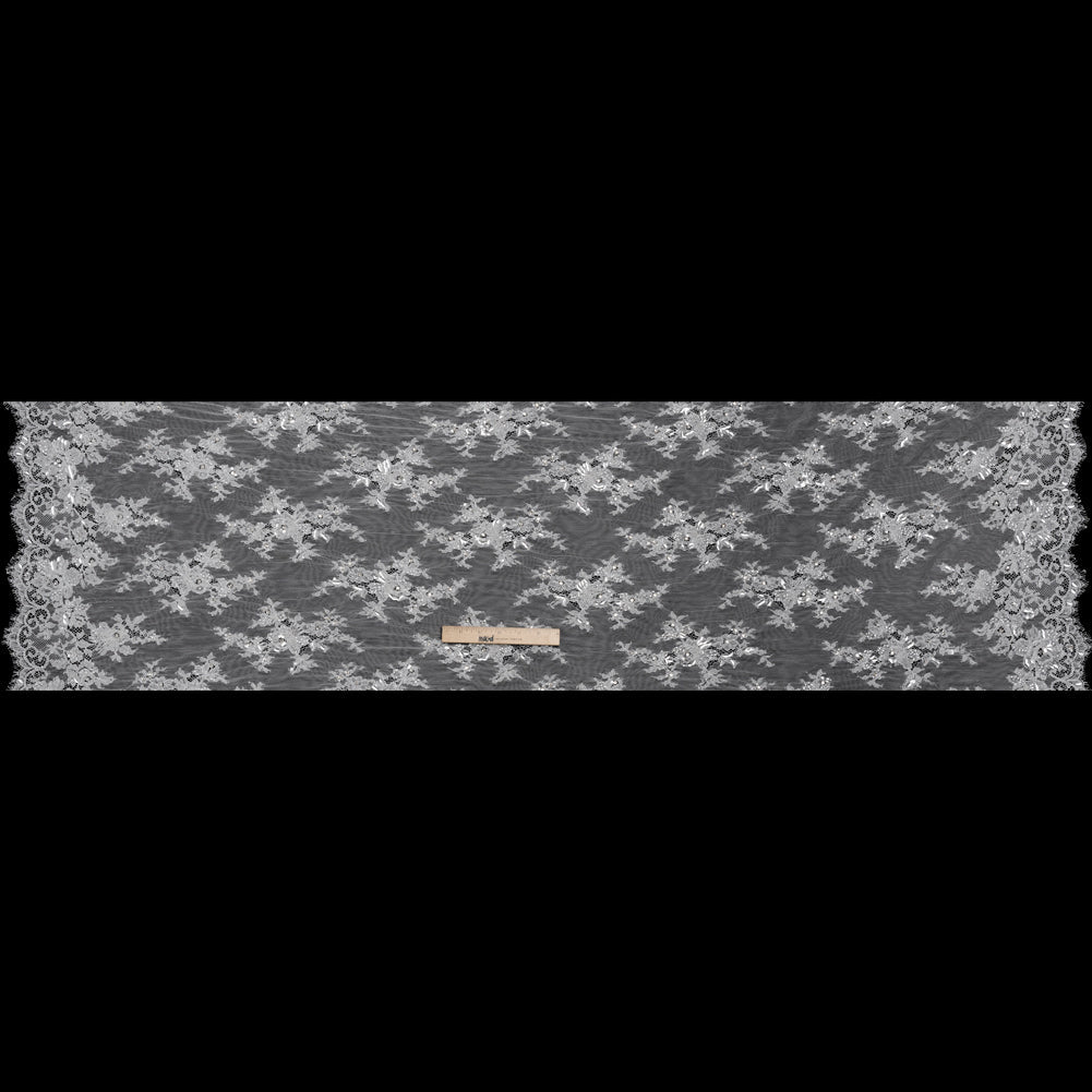 Chantilly Lace with Beads, Sequins and Finished Edges - Off White and Silver Floral