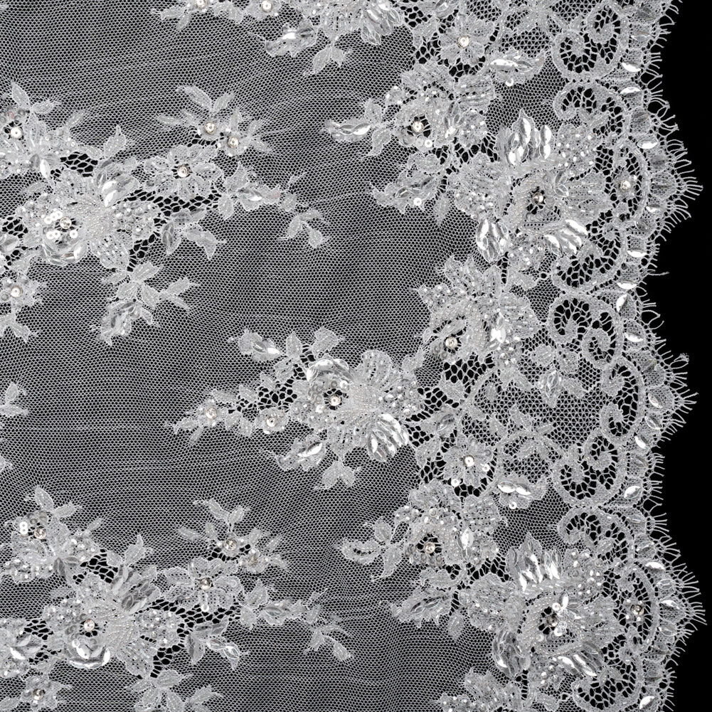 Chantilly Lace with Beads, Sequins and Finished Edges - Off White and Silver Floral