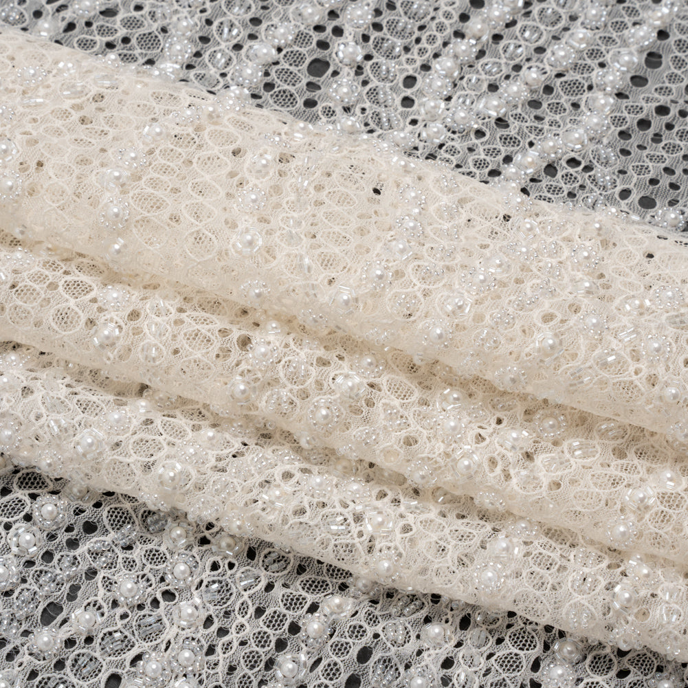 Bridal Lace with Beads, Sequins, and Finished Edges - Off White Wavy Lines