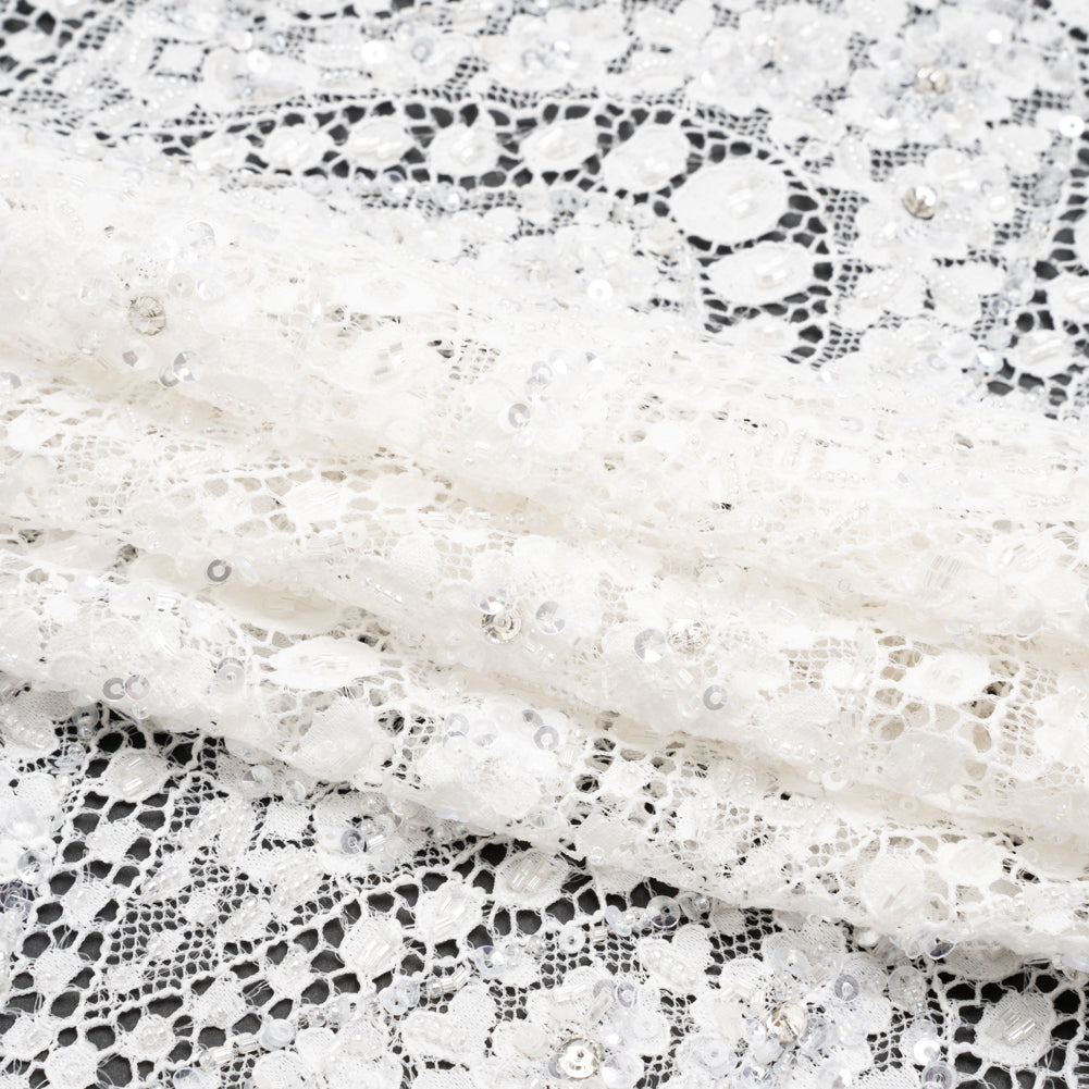 Bridal Lace with Beads, Sequins, and Finished Edge - Off White Floral Archways