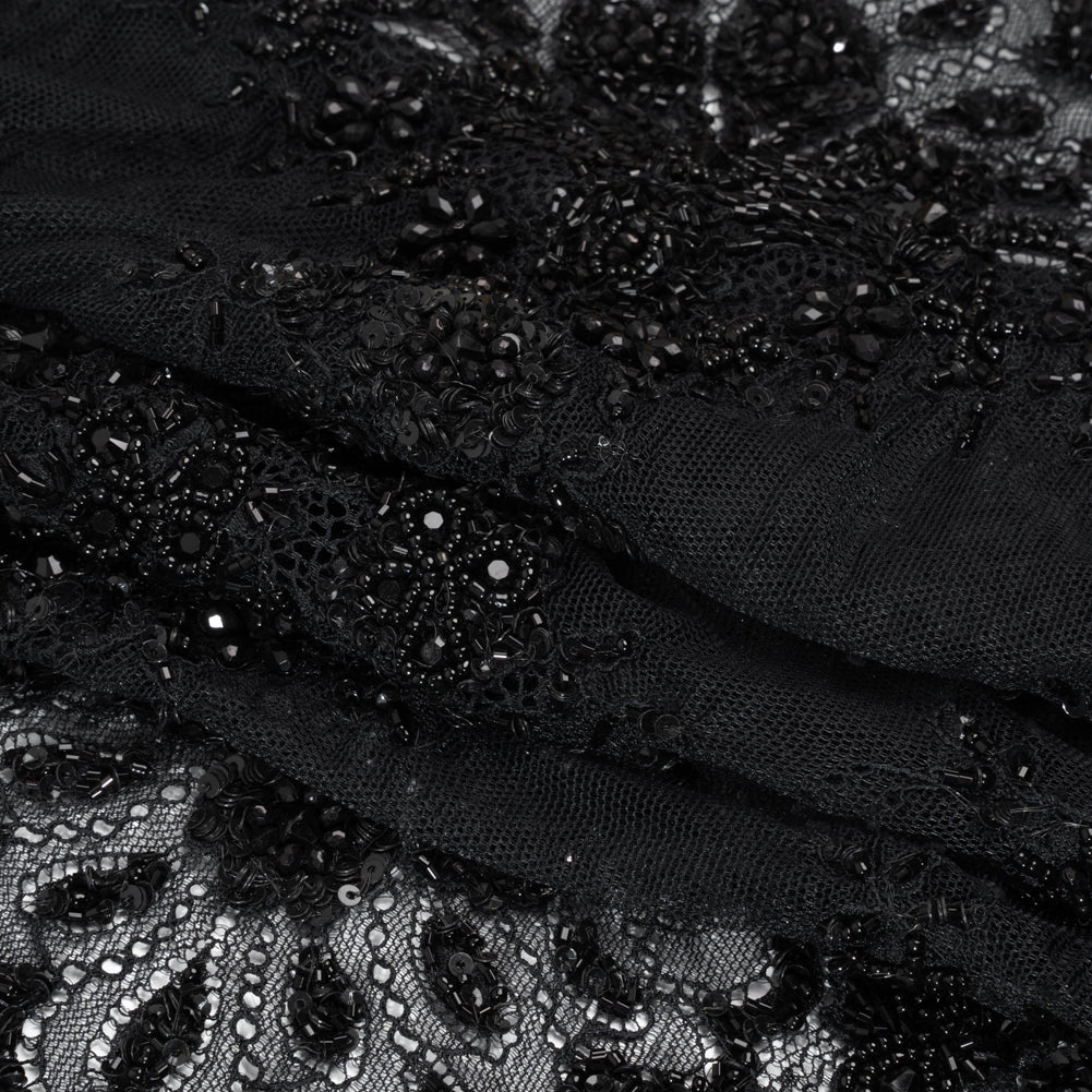 Beaded Lace with Sequin Studs and Finished Edges - Black Fantastical Florals