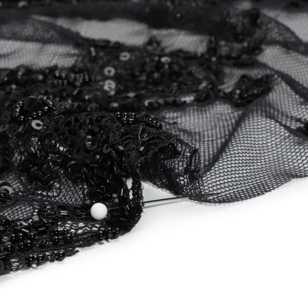 Beaded Lace with Sequin Studs and Finished Edges - Black Fantastical Florals