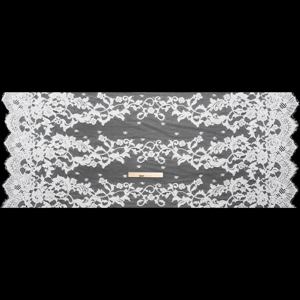 Chantilly Lace with Beads, Sequins, and Finished Edges - White and Ivory Flowering Vines