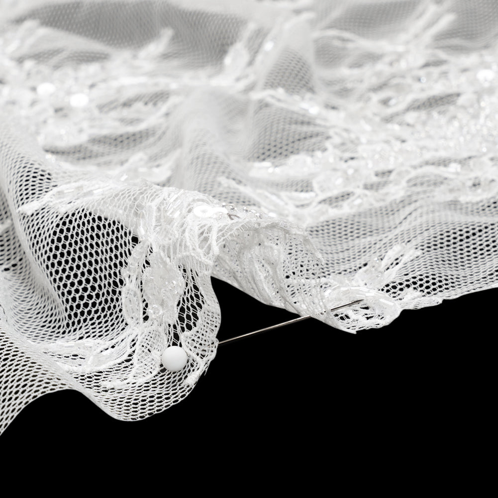 Chantilly Lace with Beads, Sequins, and Scalloped Finished Edges - White Floral