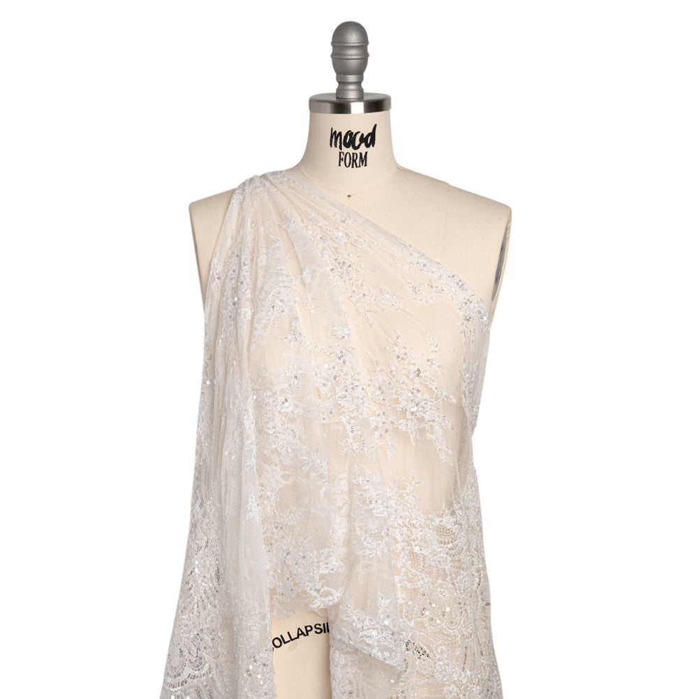 Chantilly Lace with Beads, Sequins, and Scalloped Finished Edges - White Floral