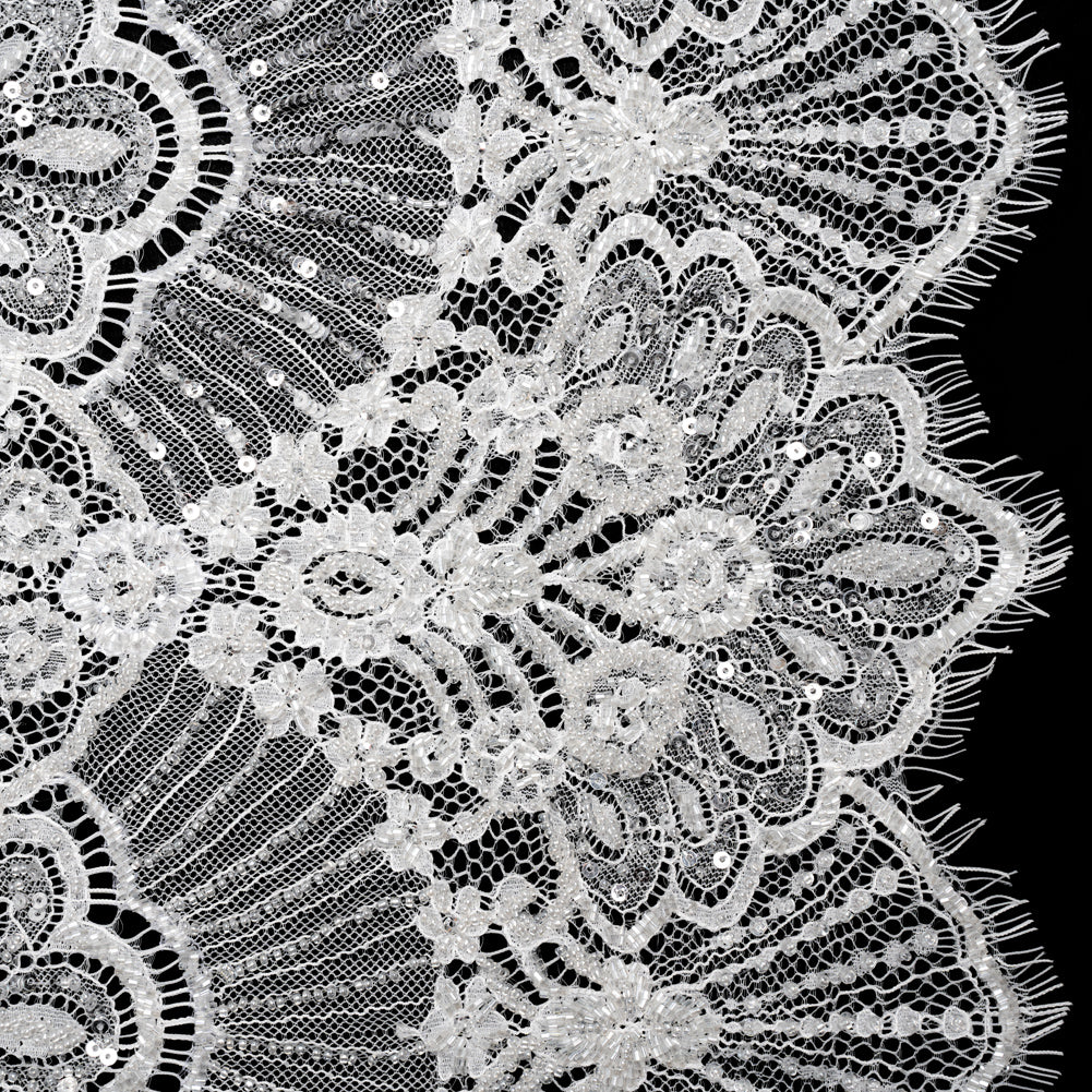 Chantilly Lace with Beads, Sequins, and Scalloped Finished Edges - White Floral