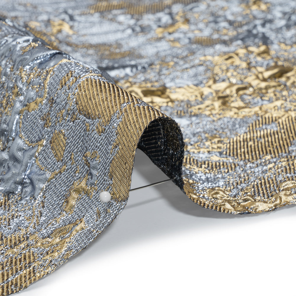 Metallic Burnout Luxury Brocade - Sky Blue, Gold and Black Abstract Crinkled Borders