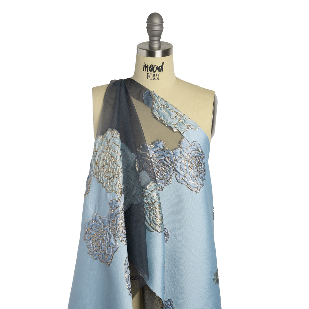 Metallic Burnout Luxury Brocade - Sky Blue and Gold Rose Border