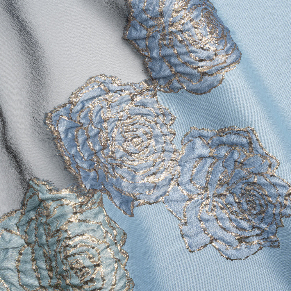 Metallic Burnout Luxury Brocade - Sky Blue and Gold Rose Border