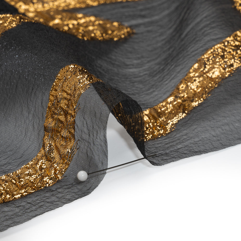 Metallic Luxury Burnout Brocade Panel - Black and Gold Floral Medallion