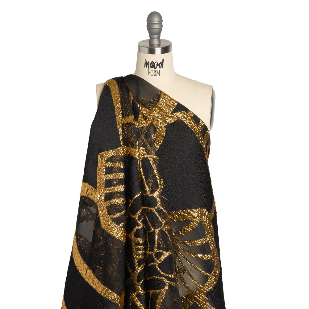 Metallic Luxury Burnout Brocade Panel - Black and Gold Floral Medallion