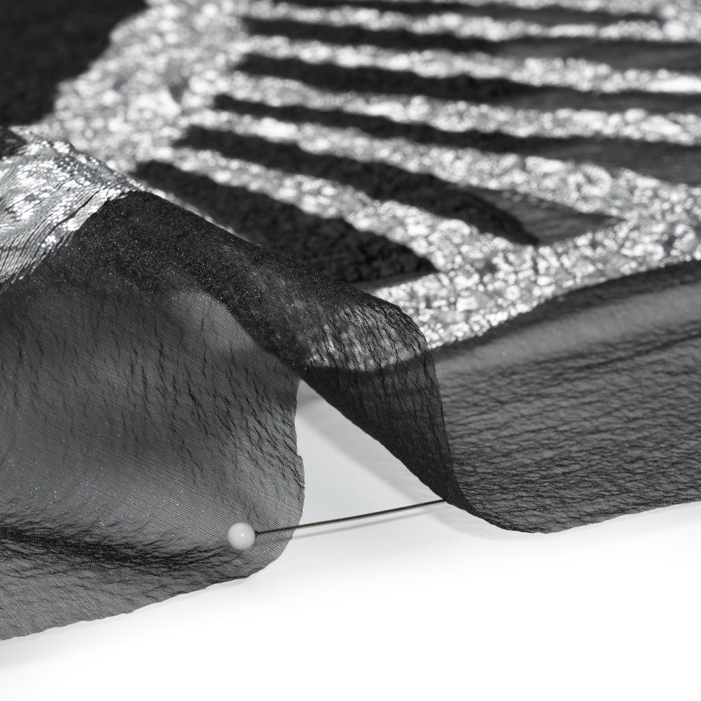 Metallic Luxury Burnout Brocade Panel - Black and Silver Floral Medallion