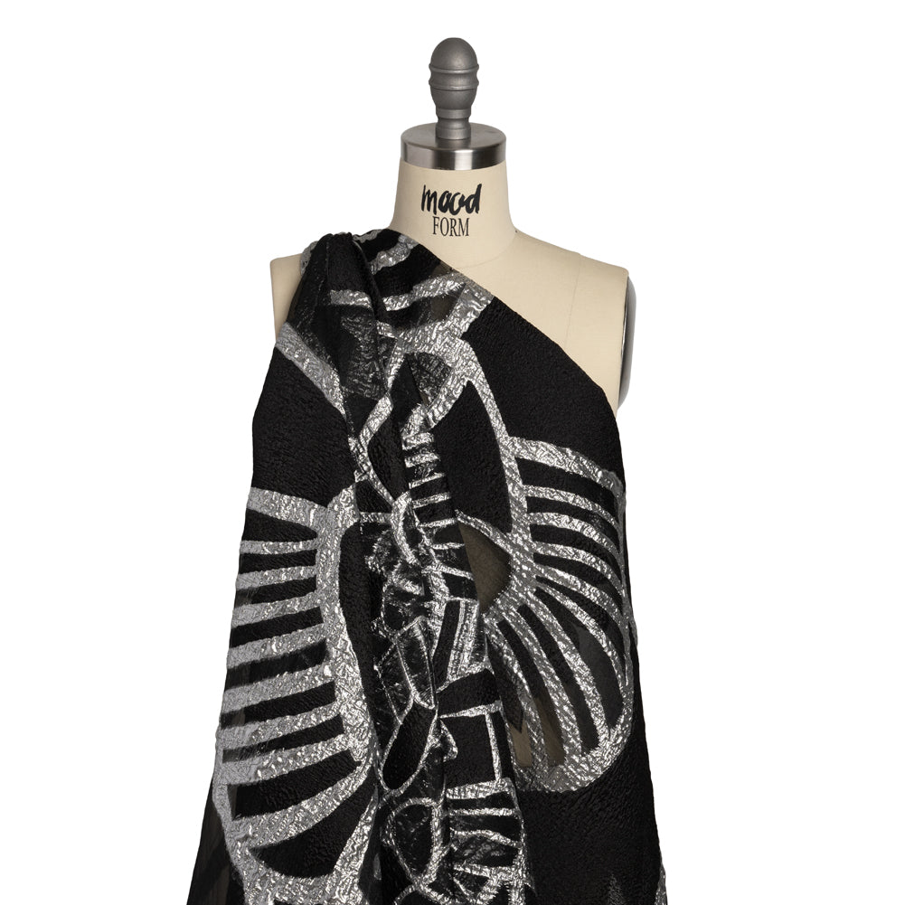 Metallic Luxury Burnout Brocade Panel - Black and Silver Floral Medallion