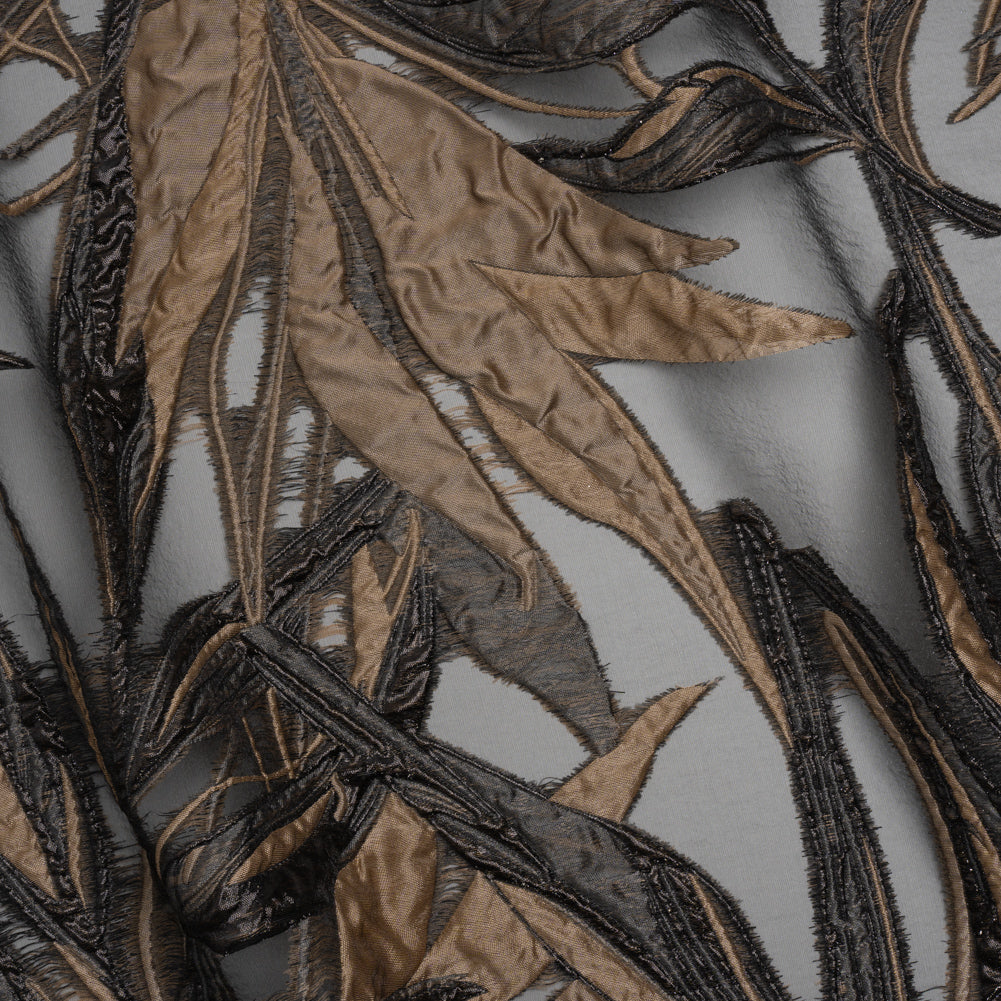 Metallic Luxury Burnout Brocade - Mole Brown and Black Magical Leaves