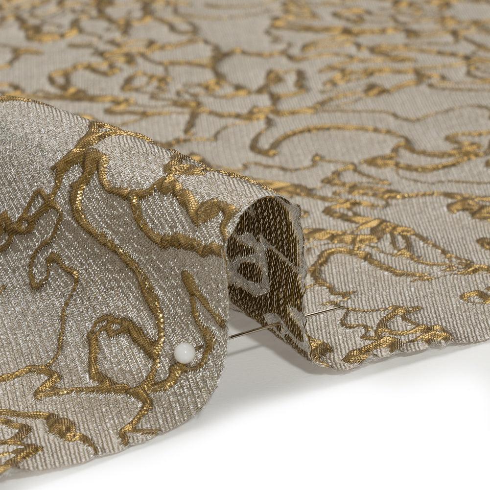 Metallic Luxury Brocade - Gray and Gold Floral Outlines