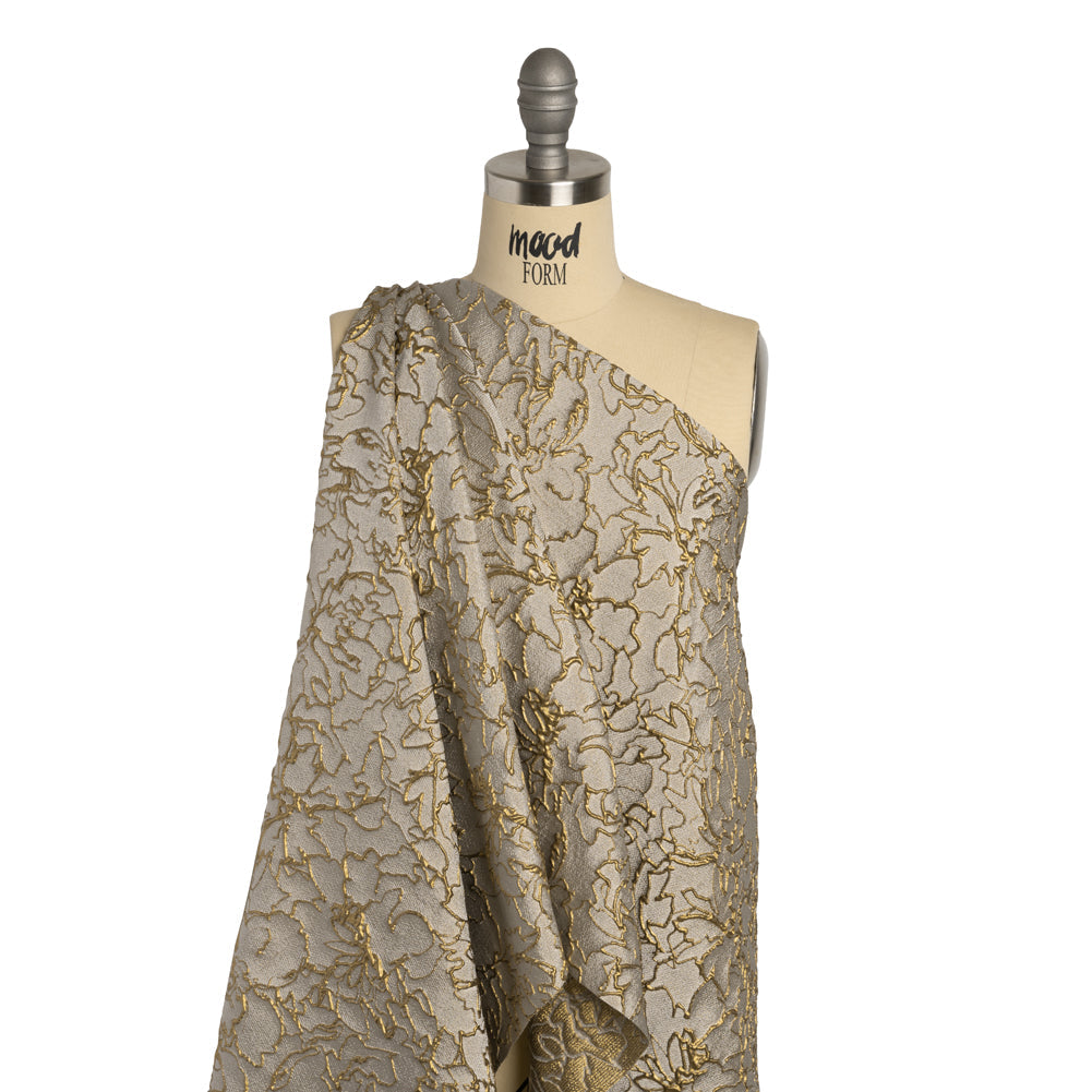 Metallic Luxury Brocade - Gray and Gold Floral Outlines