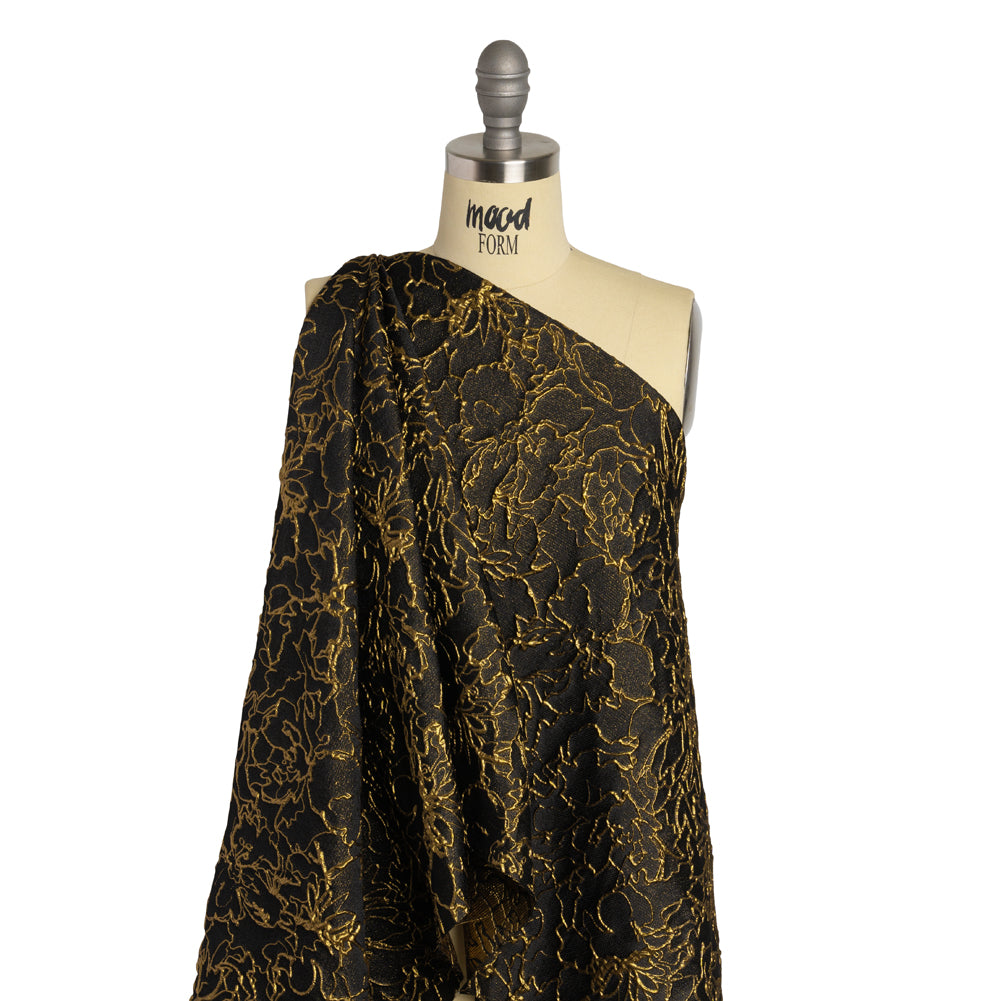 Metallic Luxury Brocade - Black and Gold Floral Outlines