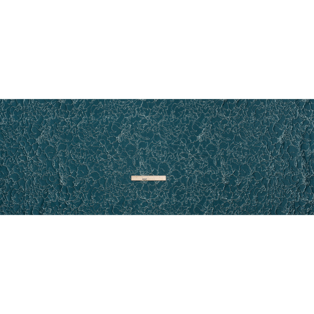 Metallic Luxury Brocade - Teal and Sky Blue Floral Outlines