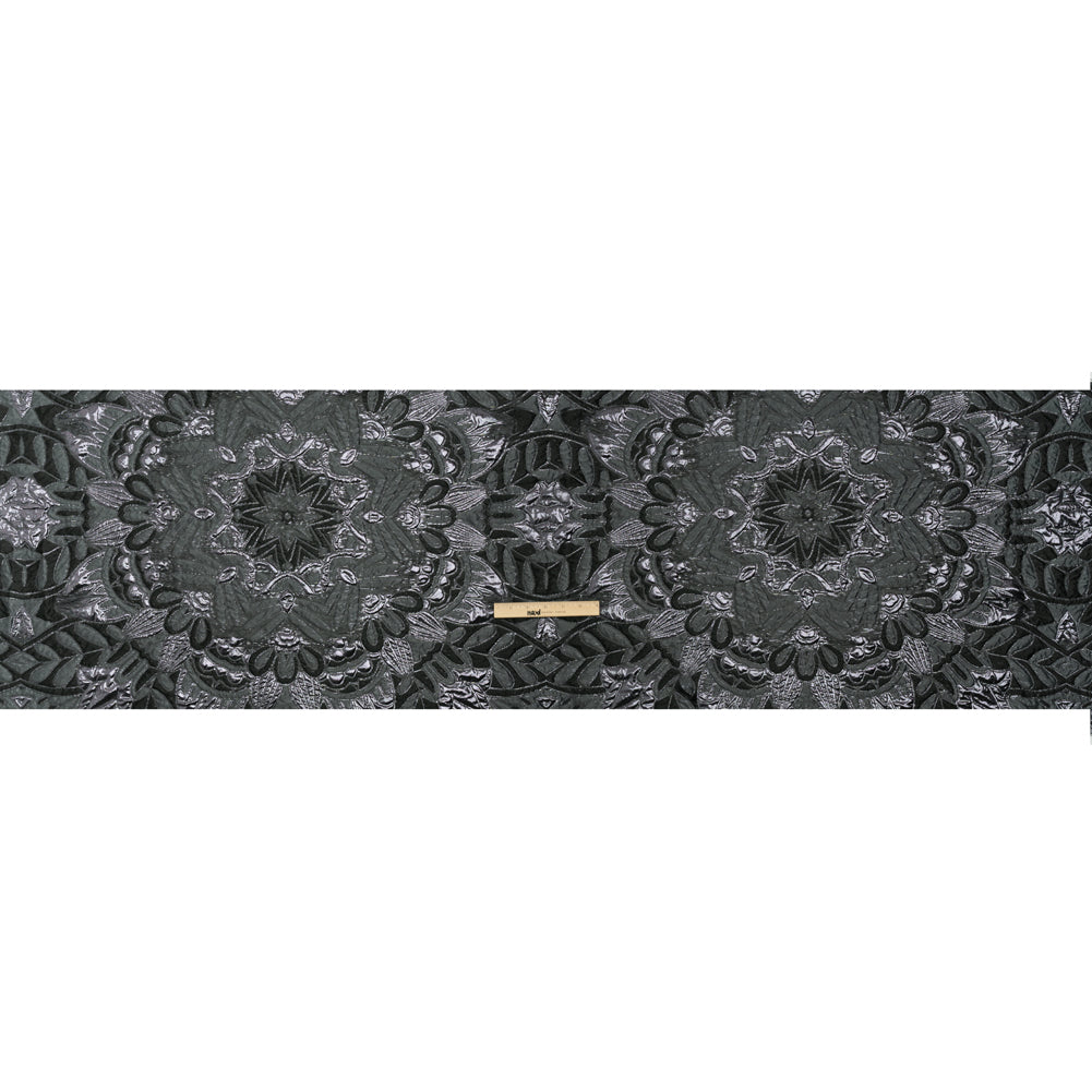Metallic Luxury Brocade - Gray and Black Floral Medallions and Leaves