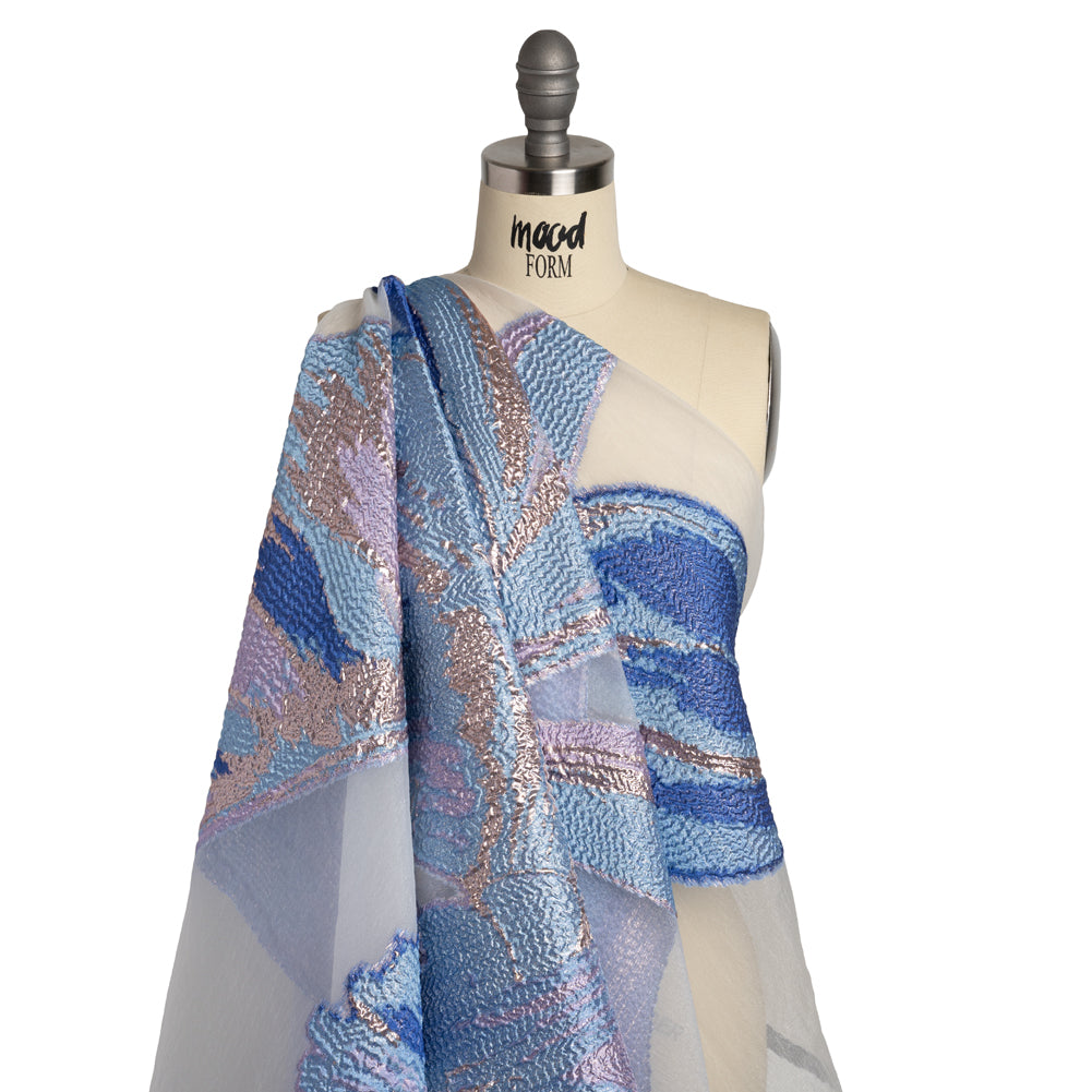 Metallic Luxury Burnout Brocade Panel - Sky Blue and Lilac Painterly Lily