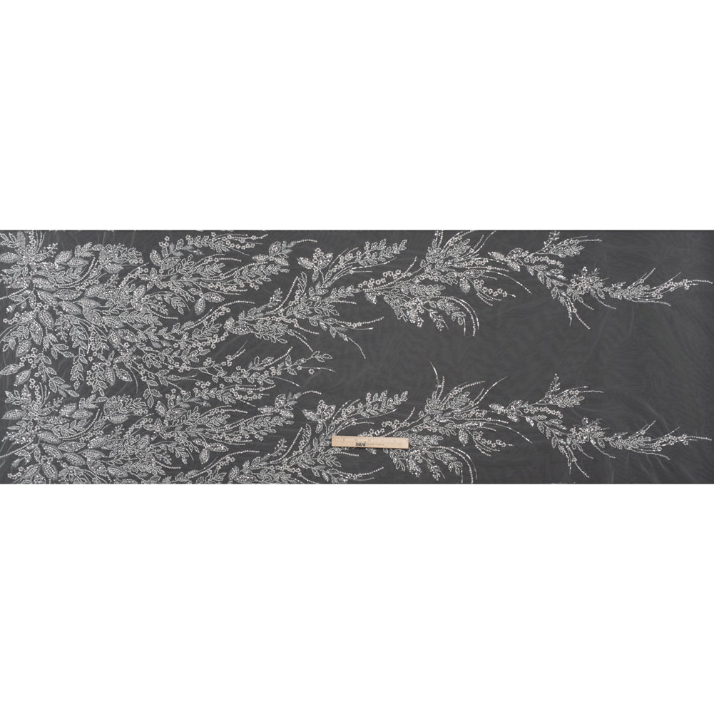 Beaded and Sequined Lace - White Leafy Border