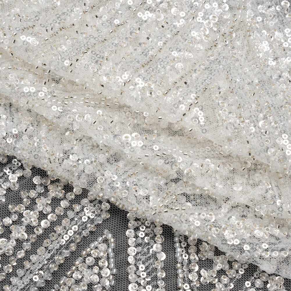 Beaded and Sequined Lace - White and Silver Geometric